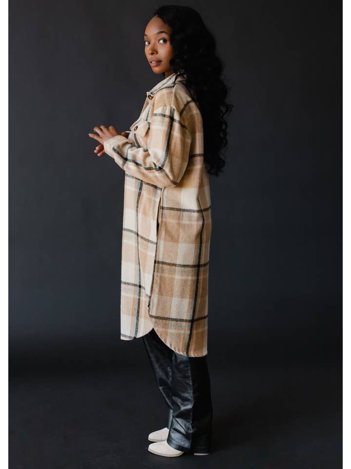 Panache Apparel Co. - Wholesale Shirt - Women's - Tan, Black & Beige Plaid Long Flannel