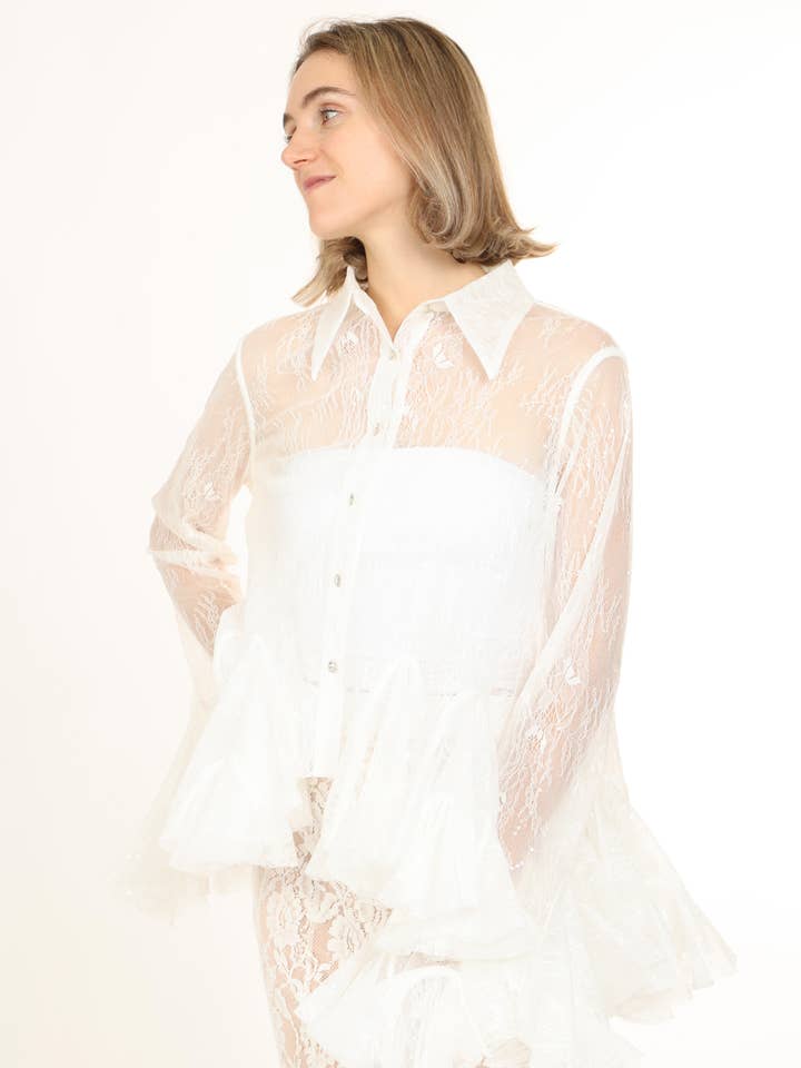 Sequined Floral Mesh Ruffled Flounce Blouse QC2210 for wholesale by Beulah Style