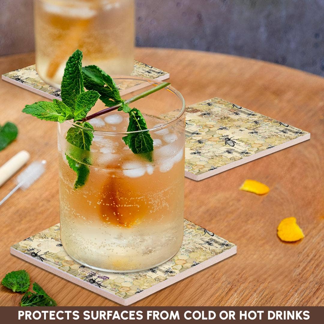 3dRose - Wholesale Coasters - 3dRose, Black, Green, Yellow Honeycomb, Bees, Crowns and Script Collage, Coaster2