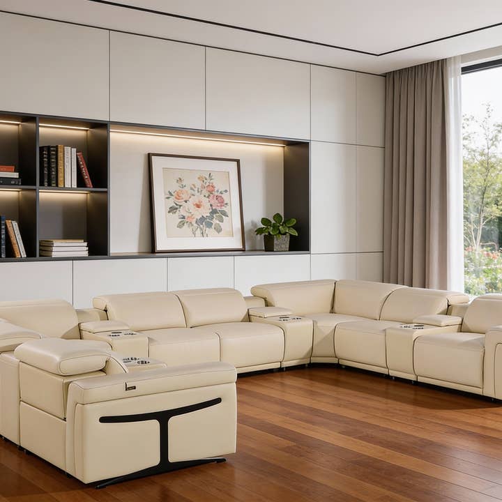 Beige Italian Leather Power Reclining U Shaped Console for wholesale by HomeRoots