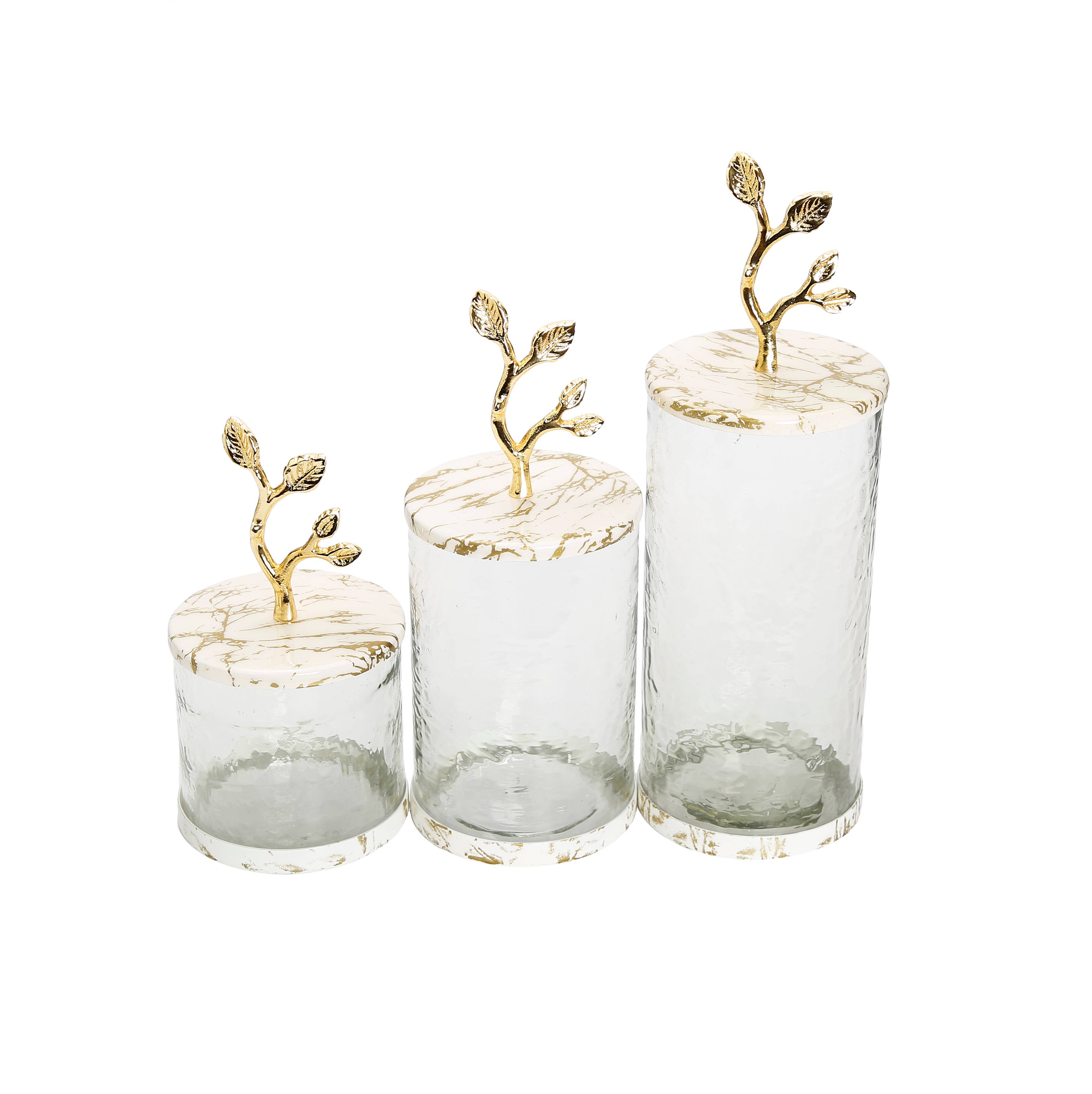 CLASSIC TOUCH DECOR INC. - Wholesale Canister - Glass Canister with White/Gold Marble Lid and Leaf Handle2