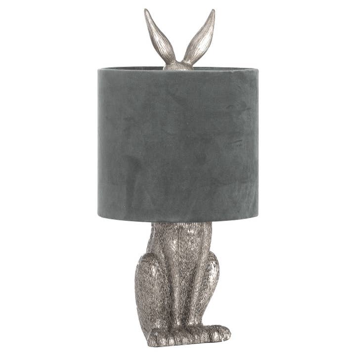 Silver Hare Table Lamp With Grey Velvet Shade for wholesale by QuirkHub