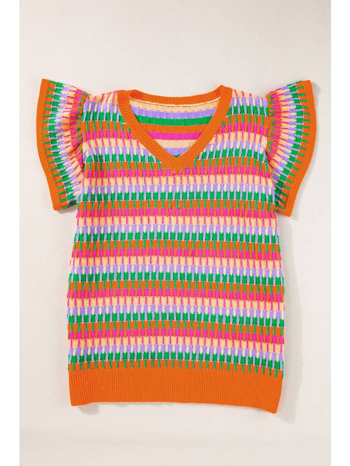 PRETTY BASH - Wholesale Knit Top - Women's - Stripe Flutter Sleeve Sweater Top