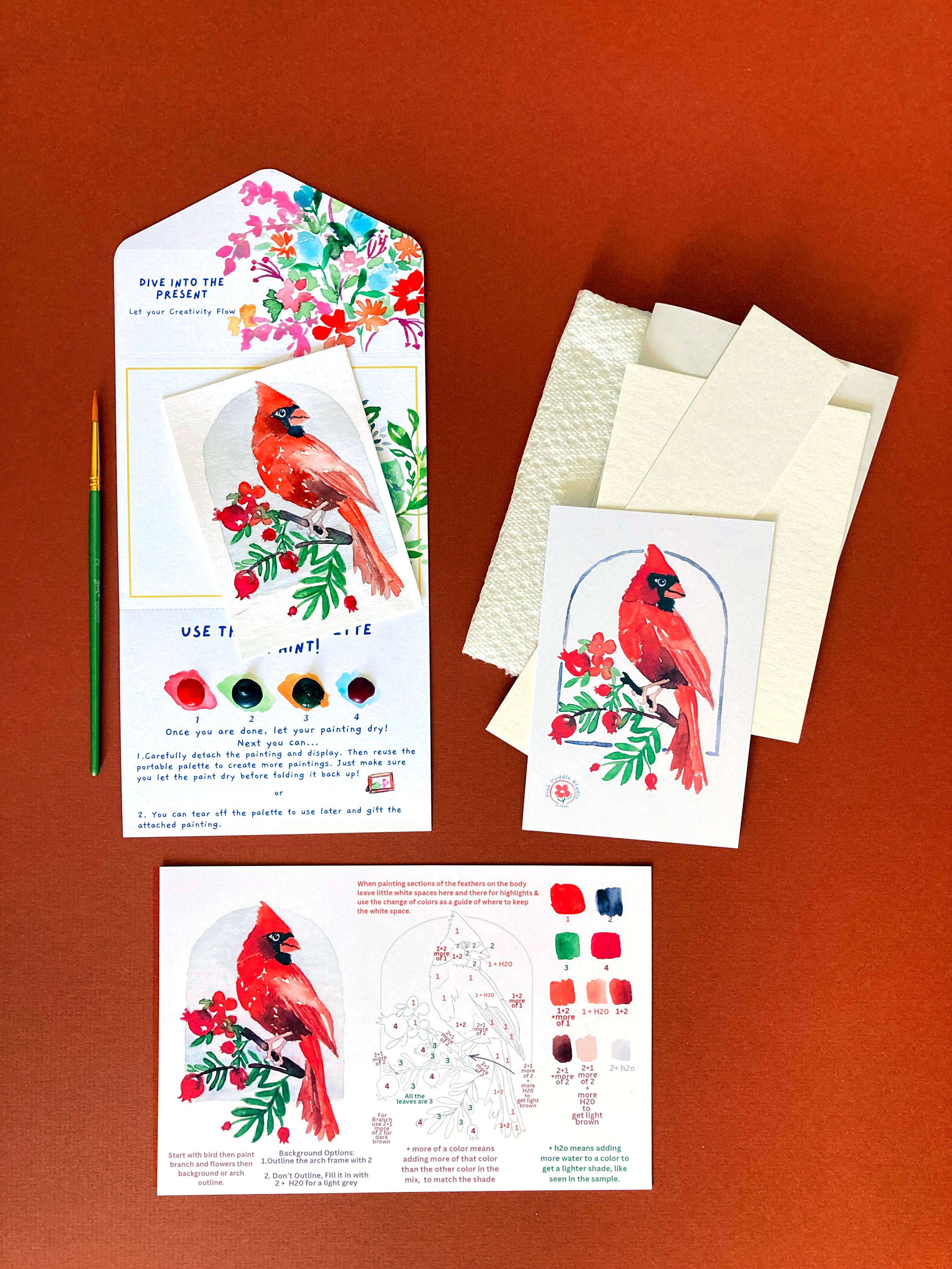 Pink Puddle Studio - Wholesale DIY Craft Kit - Red Cardinal Bird Floral Watercolor Paint by Number DIY Kit 2