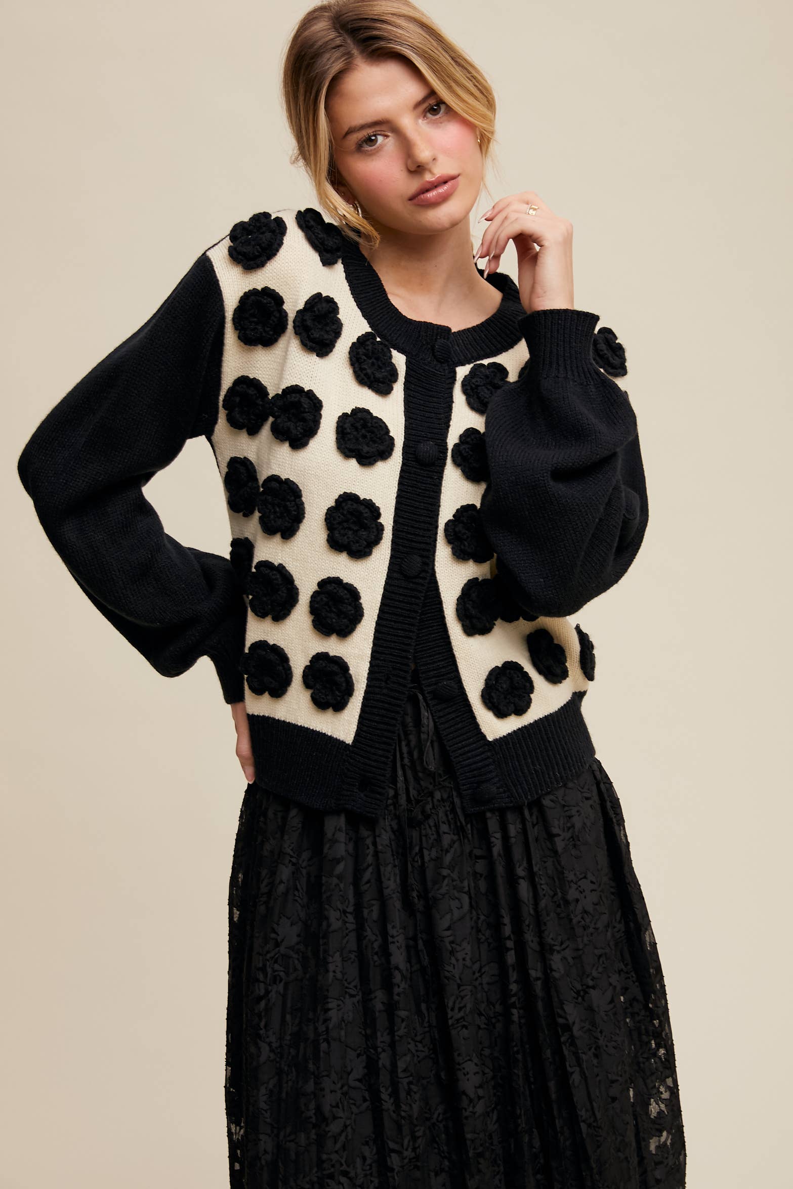 Listicle - Wholesale Cardigan - Women's - Handmade Rose Applique Knit Cardigan22