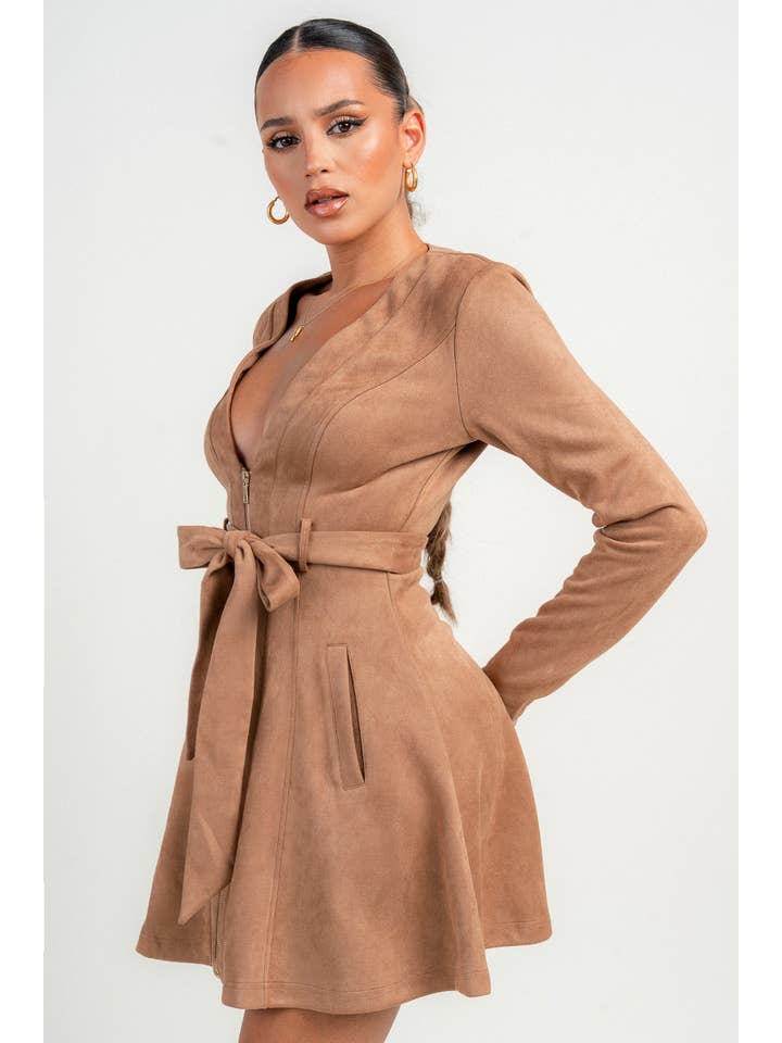 PRIVY - Wholesale Dress - Women's - PG2494EAK_V NECK FRONT ZIPPER OPEN BELTED FLARE COAT DRESS1
