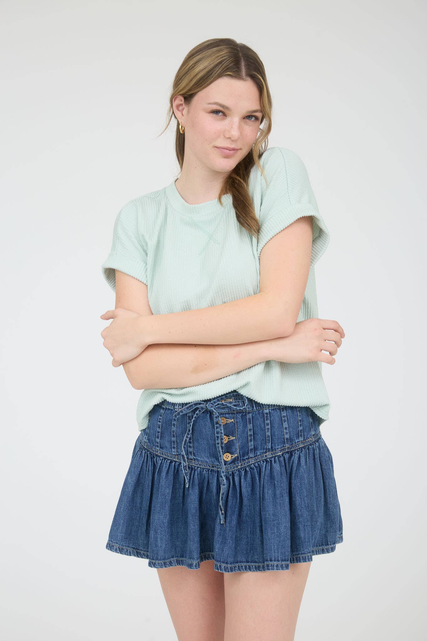 J.O.A - Wholesale Knit Top - Women's - CREW NECK SHORT CUFF SLEEVE RIBBED KNIT TOP3