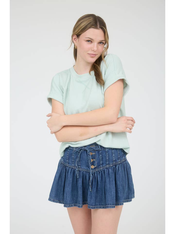 J.O.A - Wholesale Knit Top - Women's - CREW NECK SHORT CUFF SLEEVE RIBBED KNIT TOP3