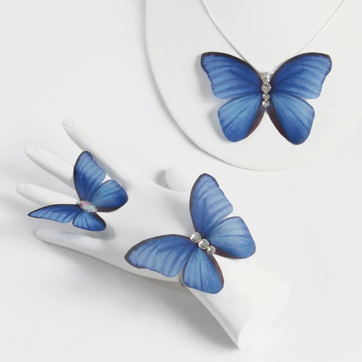 Conjunto de 3 peças de borboletas de seda azul escuro, pulseira de colar, anel por atacado de Fashion Butterflies