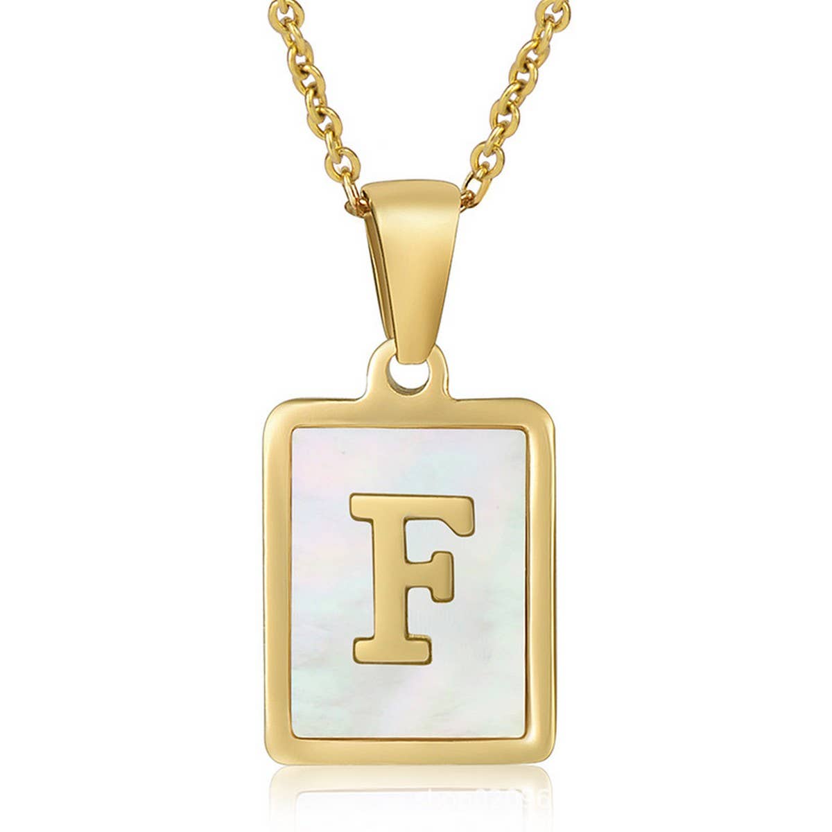 NINEXIS - Wholesale Pendant/Charm Necklace - CWAJE1917_Square Stainless Steel White Shell Letter Necklace6