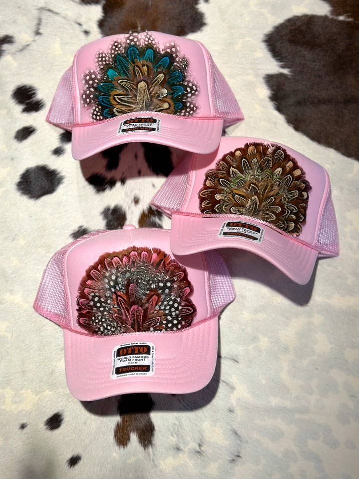 LIGHT PINK FEATHER TRUCKER HAT for wholesale by High Ho Silversmithing