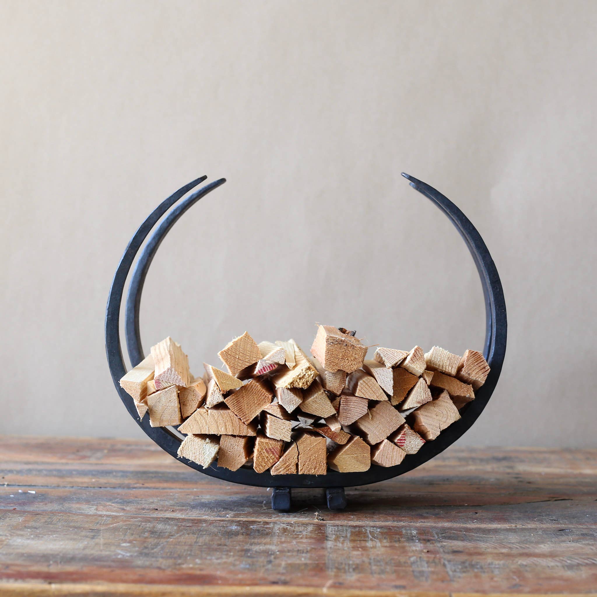 Coach House Forge – wholesale Fireplace mantel – Hand Forged Iron 'Long Horn' Kindling Storage