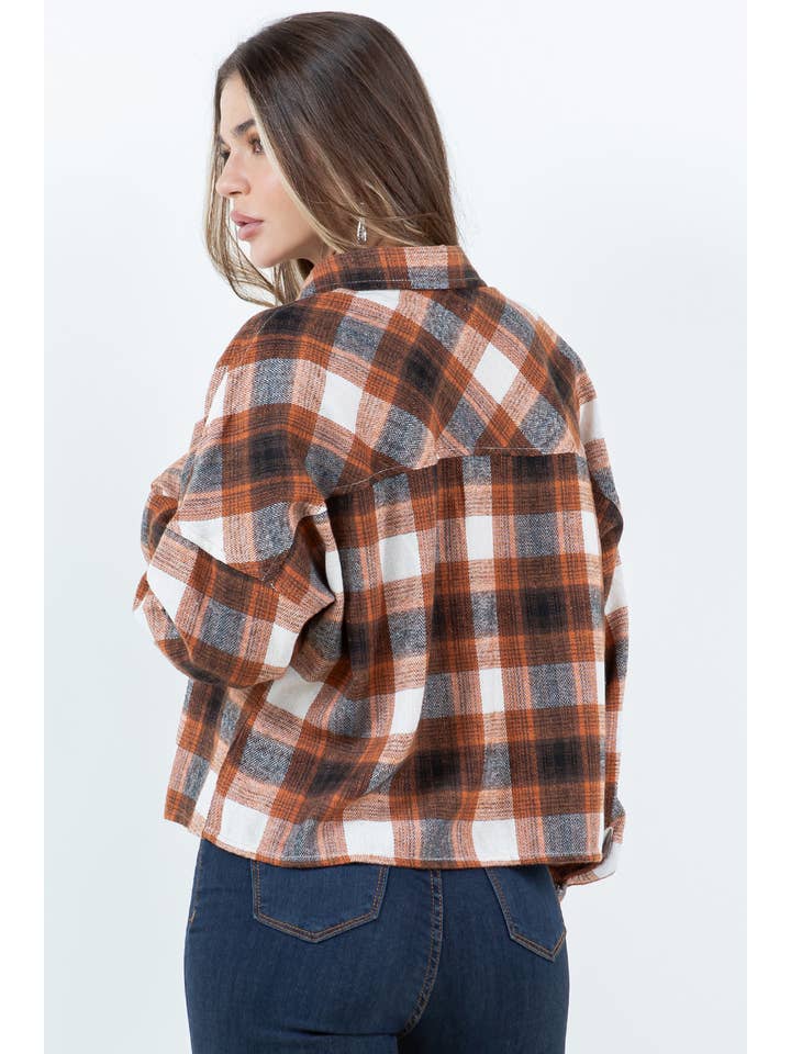 Veracci - Wholesale Button Down Shirt - Women's - Boxy Cropped Long Sleeve Plaid Over Shirt13