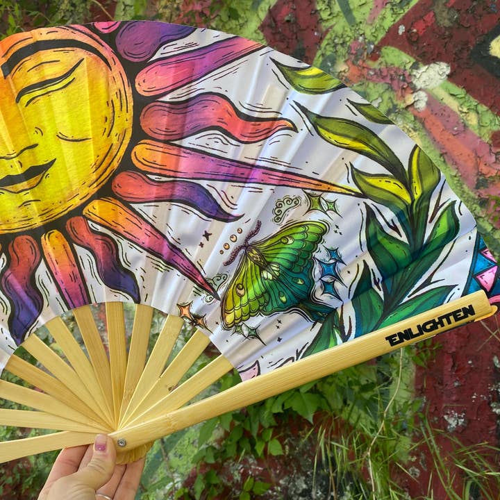 Enlighten - Venta al por mayor Ventilador plegable de mano - Abanico de Sol y Polilla Luna / Abanico de Festival / Abanico Gigante / Arte del Sol / Arte de Polilla Luna / Enlighten Clothing Co / Abanico Reactivo a la Luz Negra para Rave