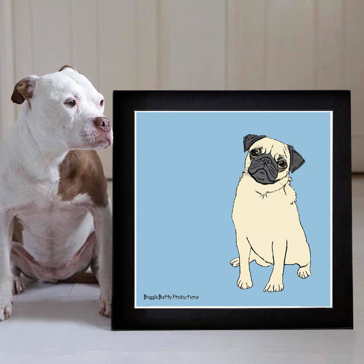 Pug Mounted Print Blue for wholesale by Buggle Betty Productions