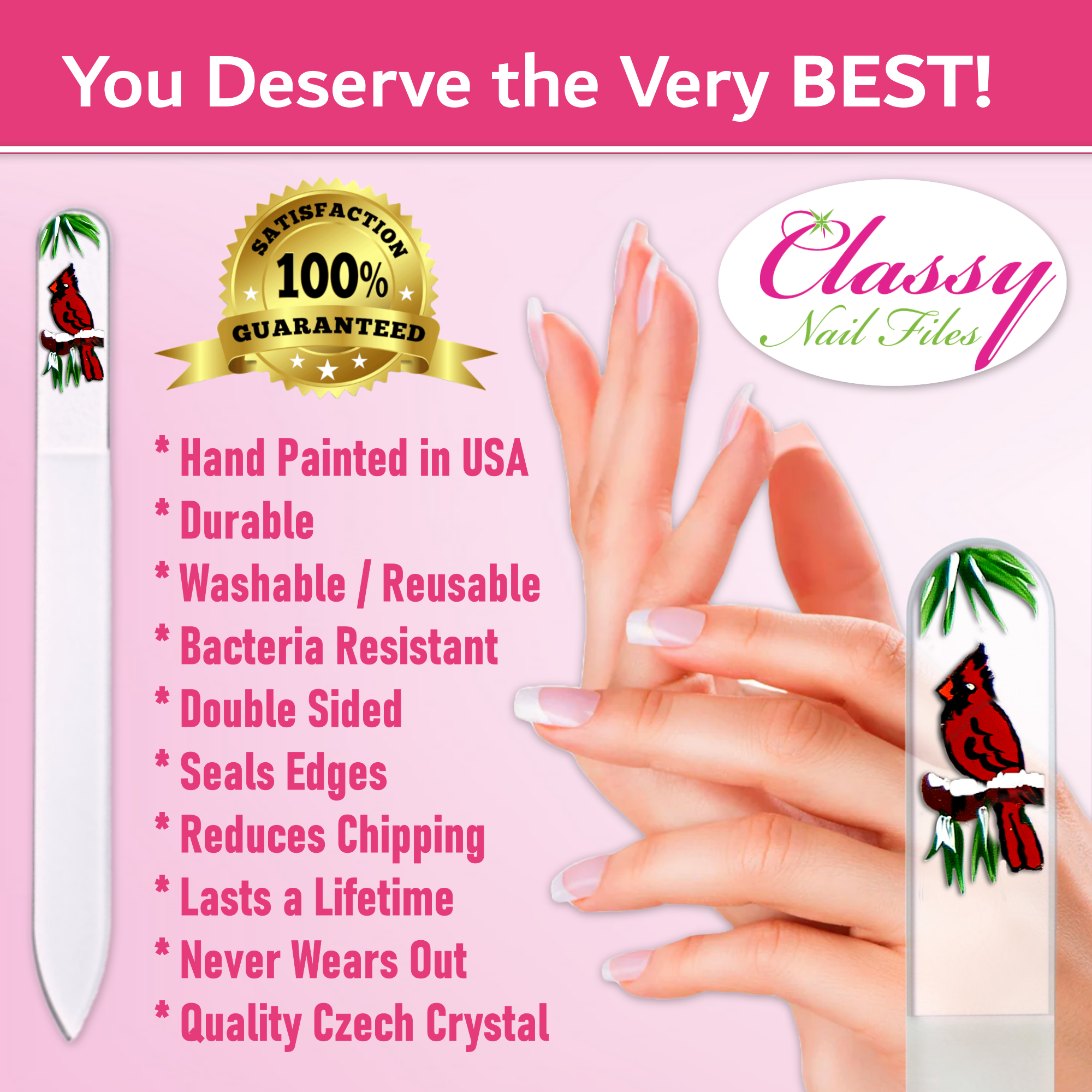 Classy Nail Files – Lima de unhas por atacado – Lima de Unhas de Cristal Checa Pintada à Mão com Pássaro Cardinal e Neve2