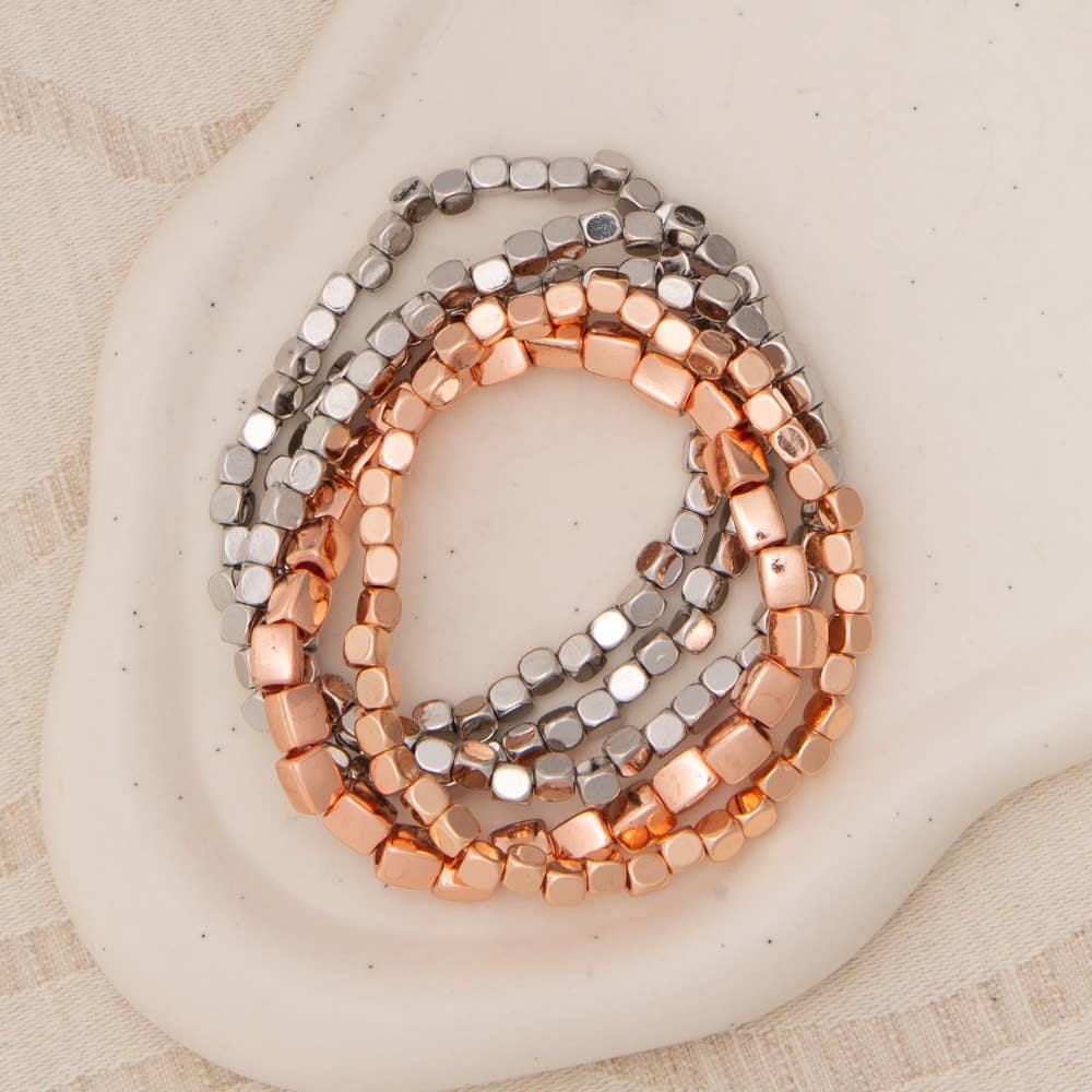 SP Sophia Collection - Wholesale Jewelry Set - Metallic Cube Nugget Bead Bracelet Stack1