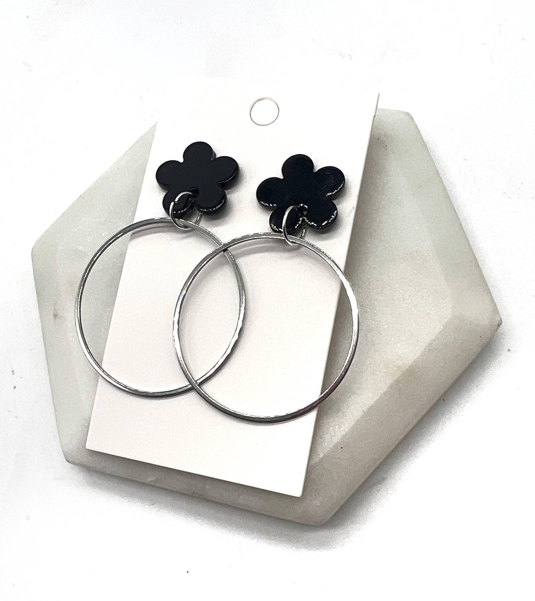 Baubles by B - Wholesale Dangle Earrings - Black Blossom Flower Silver Hoop Earrings10