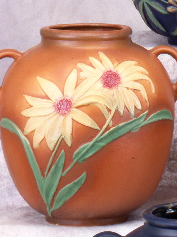 Roseville-Style, Black-Eyed Susan Pot in Brown & Blue, 9" for wholesale by AA Importing