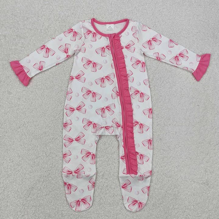 Baby Infant Girls Pink Bows Ruffle Zip Rompers for wholesale by Aier Wholesale