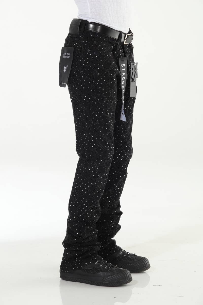 Stylo - Wholesale Jeans - Men's - Black Rhinestone Covered Stacked Flare12
