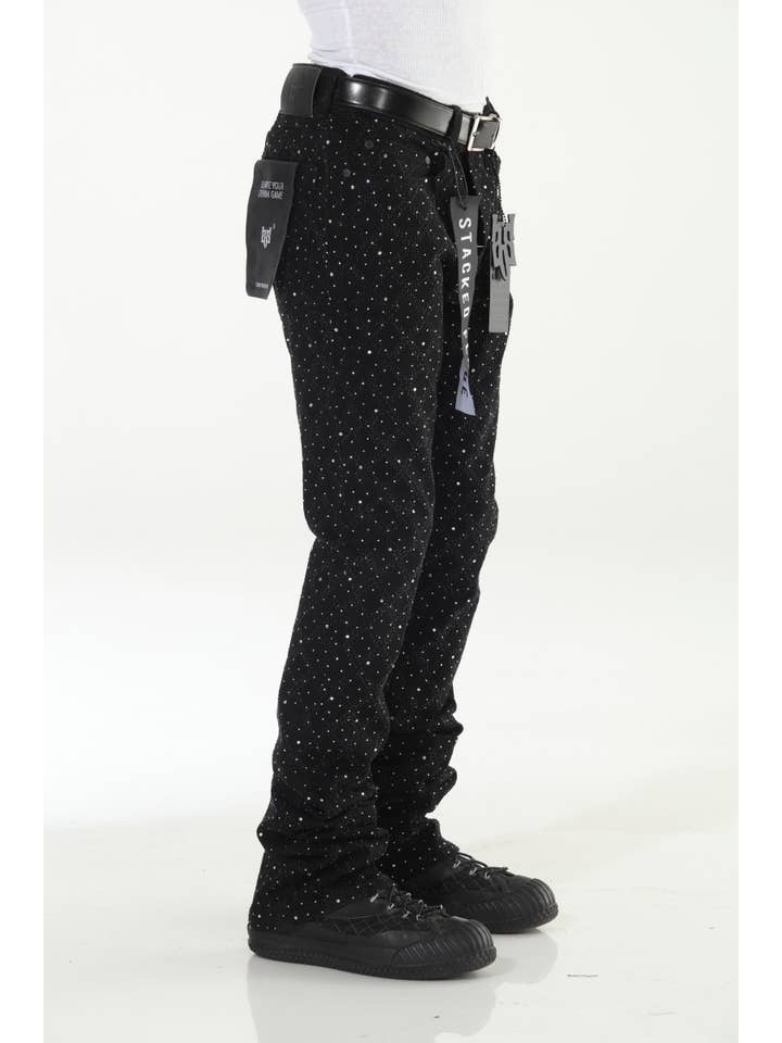 Stylo - Wholesale Jeans - Men's - Black Rhinestone Covered Stacked Flare12
