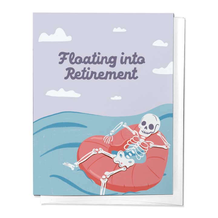 Floating into Retirement, Skeleton Congrats Greeting Card for wholesale by Parcel Island
