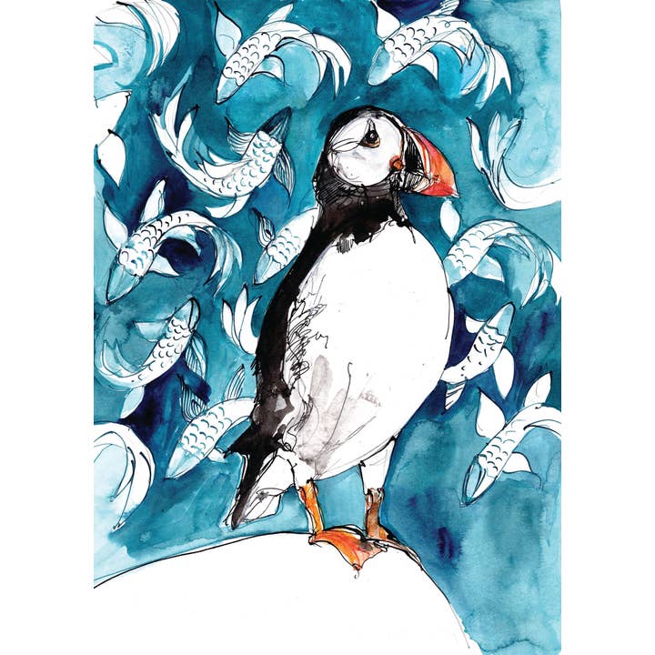 CreativeWithLine - Wholesale Everyday Greeting Card - Puffin with koi ‘wallpaper’. Blank art card