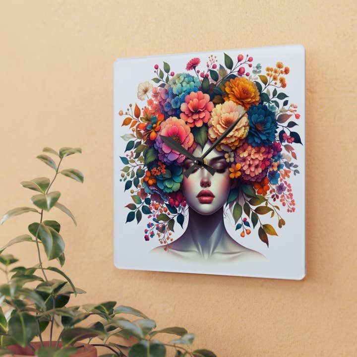Orologio da Parete in Acrilico con Illustrazione di Viso Floreale Decorazione da Parete per la vendita all'ingrosso da parte di LadyKCreations1