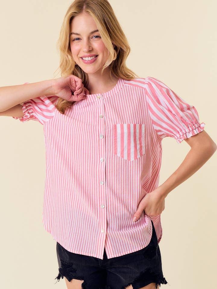 BLUSA MIXTA A RAYAS CON CUELLO REDONDO Y MANGA ABULLONADA - 44208T para venta al por mayor de Doe and Rae