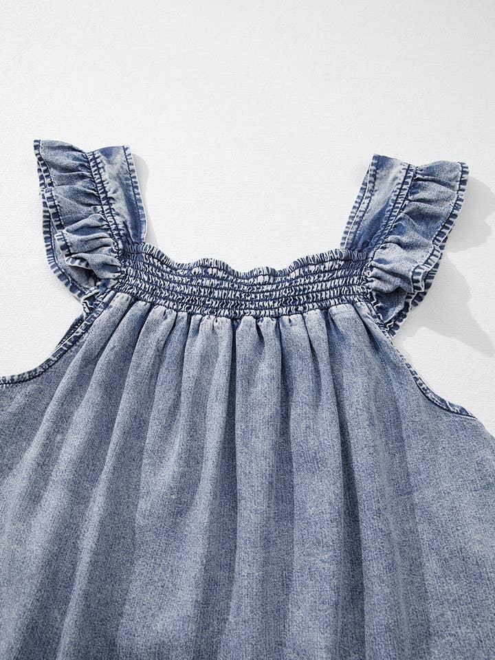 Blue Ruffled Shirred Neckline Sleeveless Denim Tank Top for wholesale on Faire