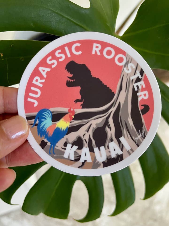 Kauai Jurassic Rooster Sticker - Hawaii Island Series for wholesale by Island Stickers & More / Yuriko J. Design