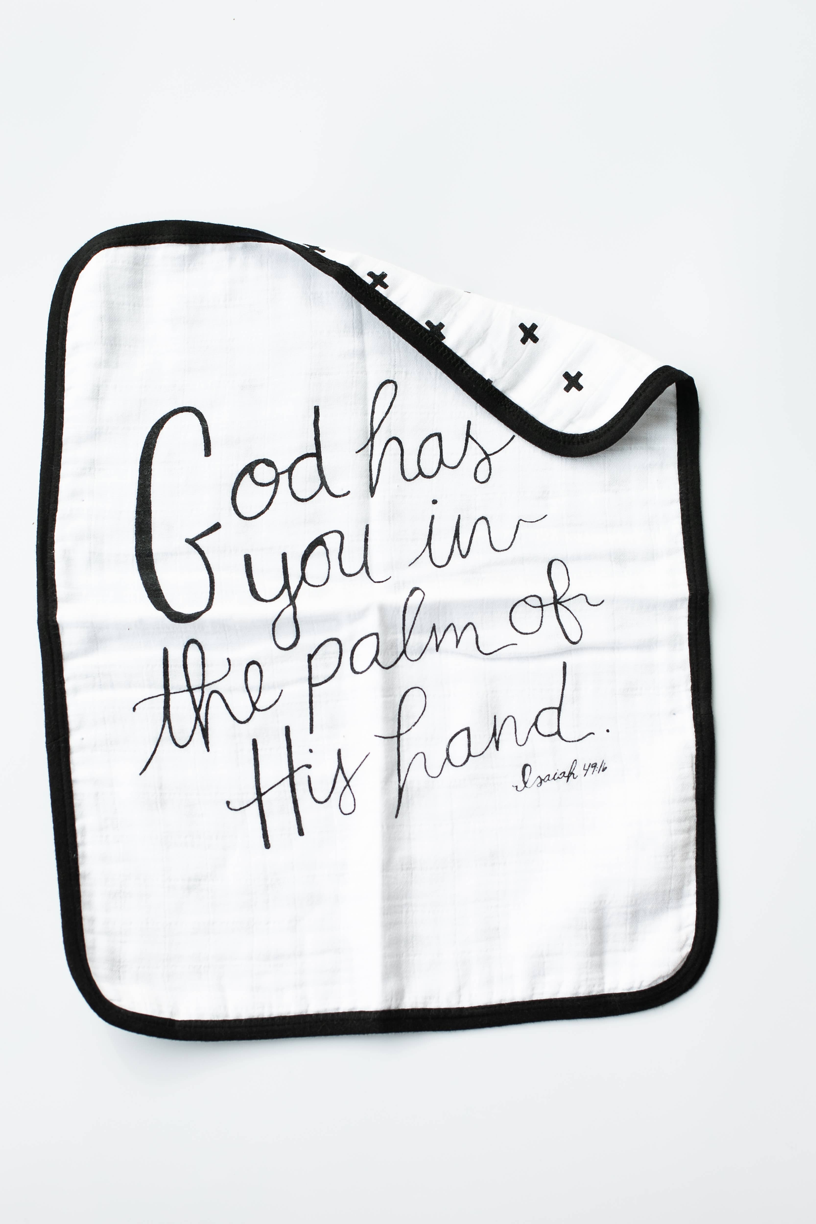 Modern Burlap – wholesale Burp cloth – Baby – Organic Burp Cloth - Reversible Isaiah 49:16  +  Swiss Cross2