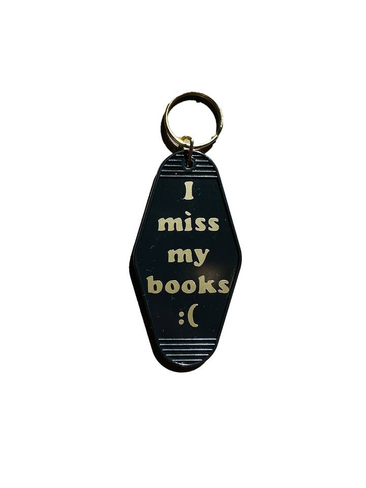 The Miss My Books Motel Keychain for wholesale by Literary Looks