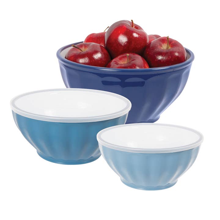 Oggi - Wholesale Mixing Bowl - Set of 3 Ribbed Bowl Set with Lids - 1.6, 2.6, 3.7 Qt