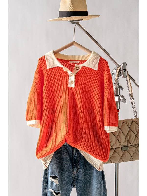 Orange TWO-TONE CONTRAST QUARTER BUTTON KNIT SWEATER for wholesale on Faire