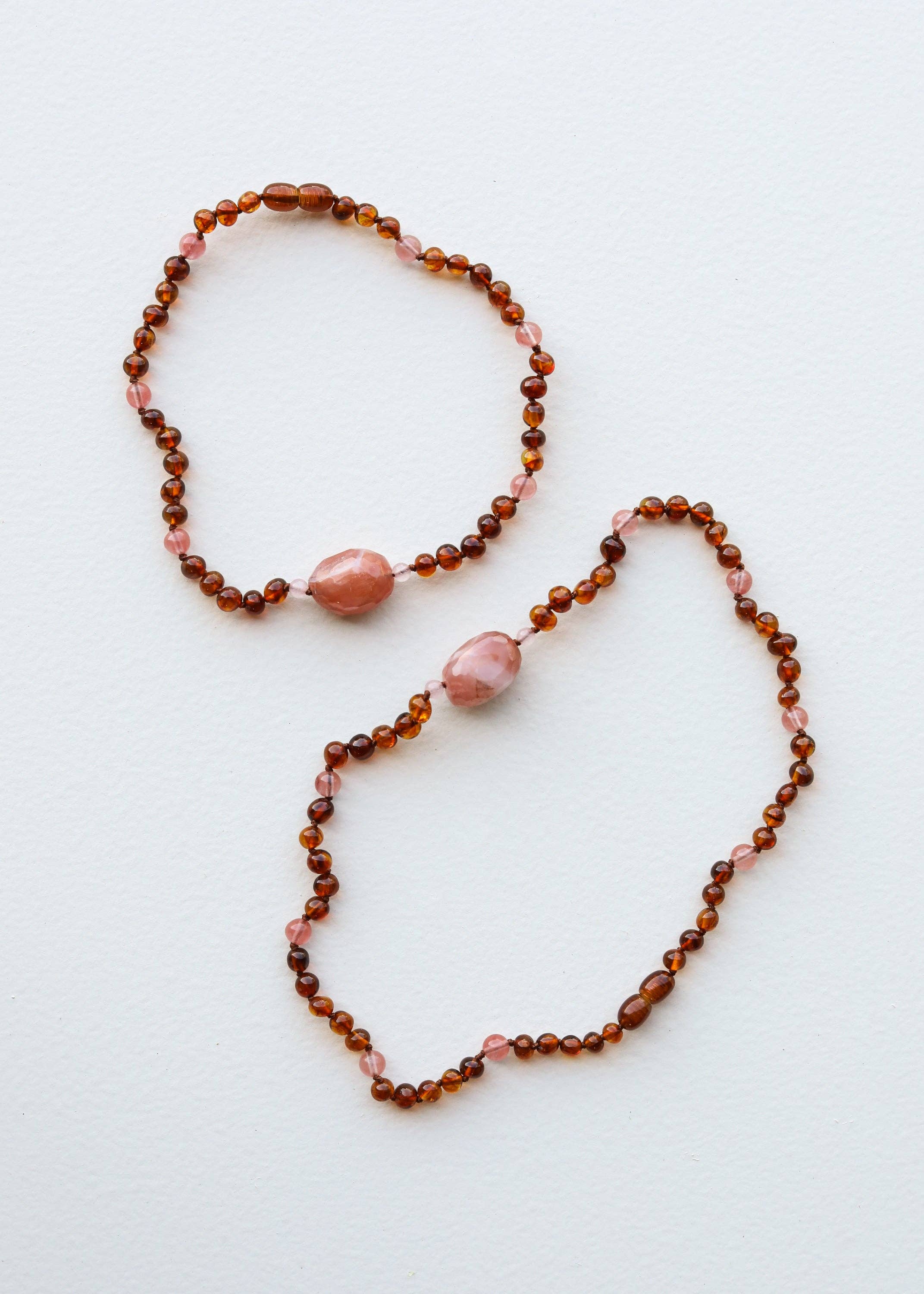 CanyonLeaf - Wholesale Beaded/Pearl Necklace - Cognac Baltic Sea Amber || Cherry + Rose Quartz || Necklace2