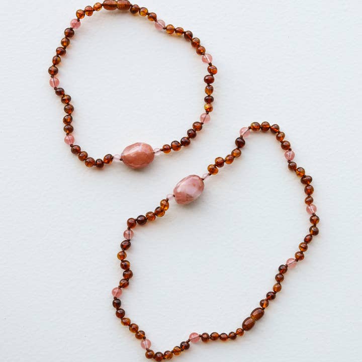 CanyonLeaf - Wholesale Beaded/Pearl Necklace - Cognac Baltic Sea Amber || Cherry + Rose Quartz || Necklace2