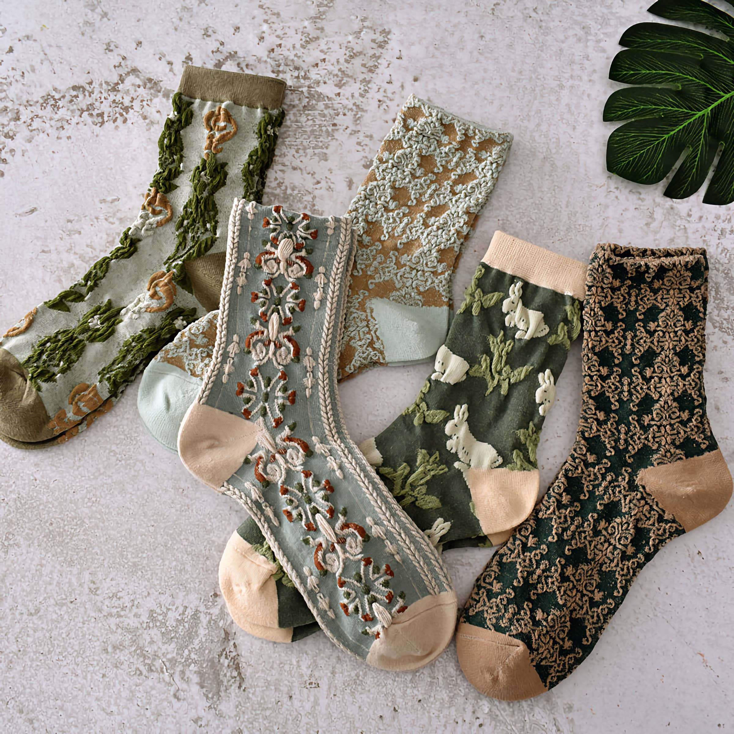 Happy Knits - Wholesale Socks - Women's - Green Floral Socks - Vintage Crew Socks For Women Cozy8