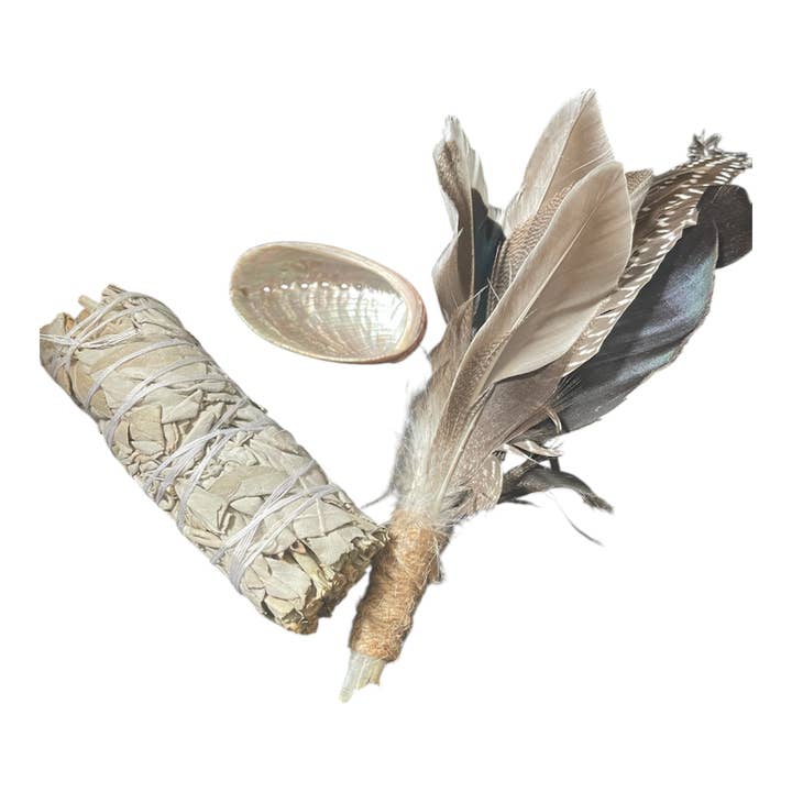 Wild Serenity Moon – wholesale Sage bundle – Sage Smudge Kit –Feather Wand, 4" White Sage & Abalone Shell