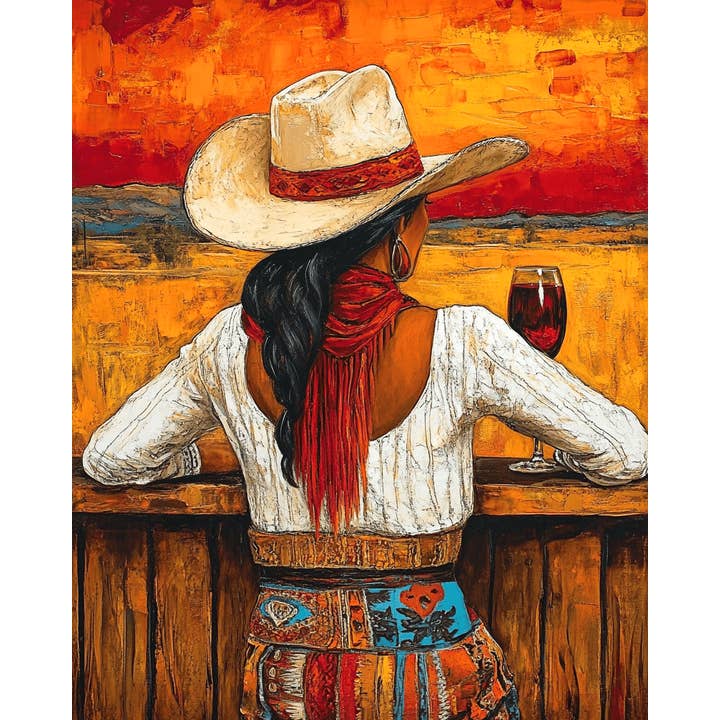 Mowbi – wholesale Art print – Southwest Cowgirl Enjoying Sunset with Vino - Wine Wall Art Prints – 8″x10″ Artwork for 11″x14″ Frame