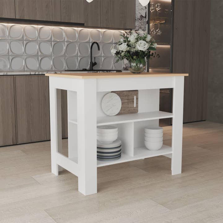 Îlot de cuisine Delos, table de cuisine 35" H, quatre pieds, trois étagères de rangement ouvertes pour la vente par Depot E-Shop
