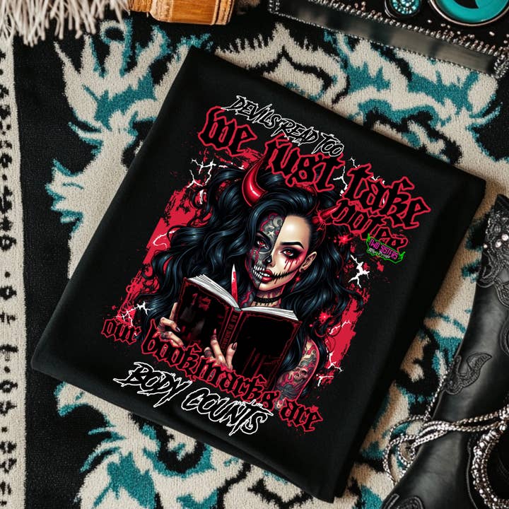 *EXCLUSIVE* Devils Read Too, We Just Take Notes - Black Mineral Wash TShirt, Black Rocker Tank, Sweatshirt, Hoodie, or Zip Up Hoodie for wholesale by Two Sisters Who Design