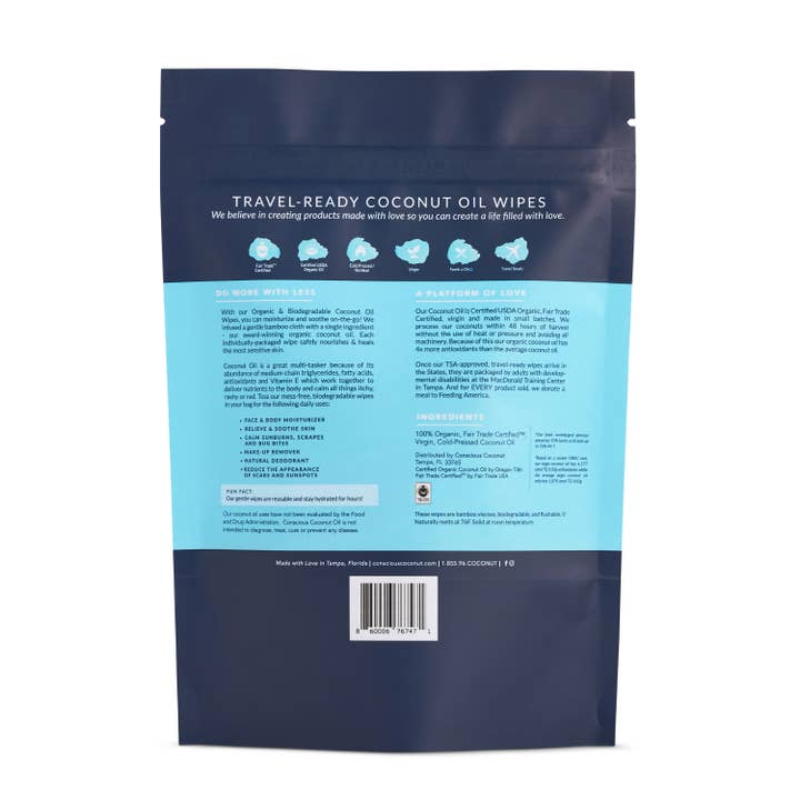 Conscious Coconut - Wholesale Gezichts- en lichaamsdoekjes - Biologische Kokosolie Doekjes (10 Doekjes)