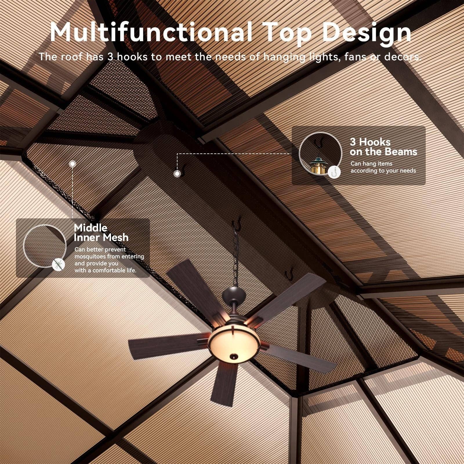 ShipItFurniture - Wholesale Outdoor Ornament/Decor - 10 Ft. X 12 Ft. Hardtop Gazebo, Double Polycarbonate Roof Aluminum Frame Gazebo W/Curtain and Netting, Brown5