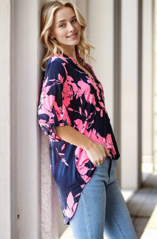 HEIMISH – wholesale Tunic – Women’s – ST1002-67 3/4 BUTTON SLEEVE MANDARIN COLLAR NECK FLORAL TOP