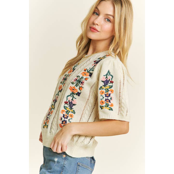Sweet Generis - Wholesale Knit Sweater - Women's - CUTE FLORAL EMBROIDERY CASUAL PULLOVER SWEATER