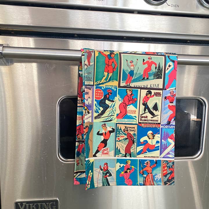 Sofs Designs - Vente Torchons - Torchons en style vintage pour femmes Skier Art, avec thème en 2 couleurs3