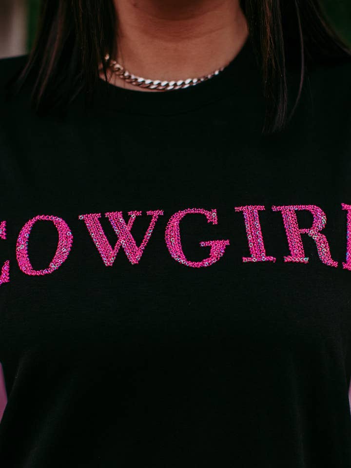 Black MK406 Cowgirl 3D Pink Sequin Embroidered Tee for wholesale on Faire
