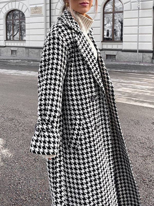 BLACK Long Sleeves Loose Houndstooth Split-Back Split-Joint Tied Waist Lapel Trench Coats for wholesale on Faire